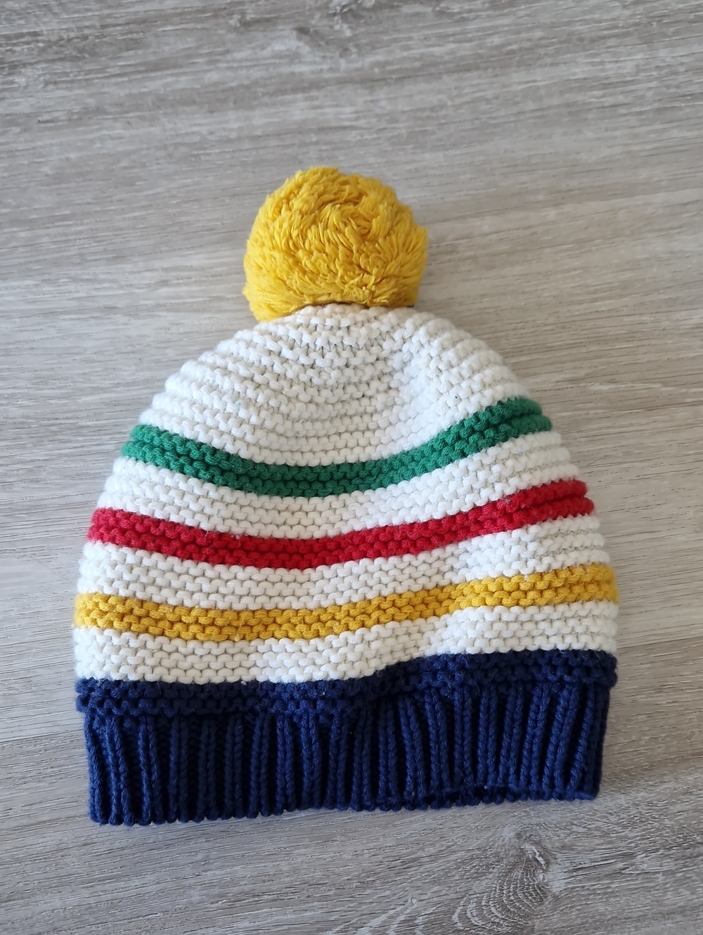 Hudsons BAY Kids Pom Pom Stripe Knit Beanie Hat - White with Yellow Pom